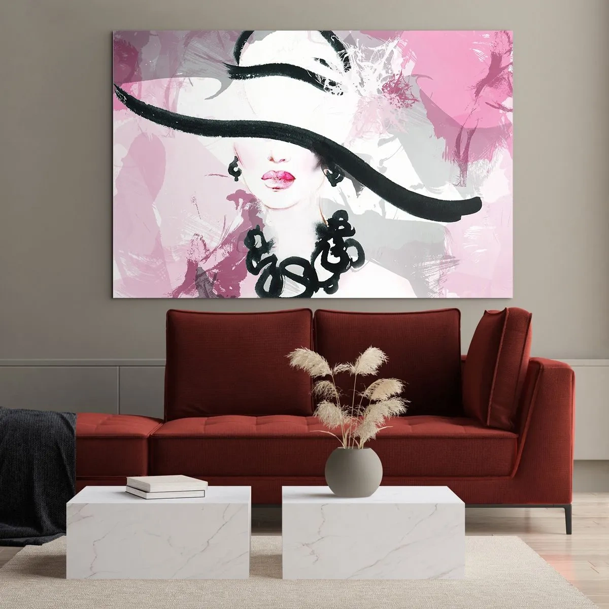 Glass picture - Portrait of a Lady in Black and Pink - 100x70 cm