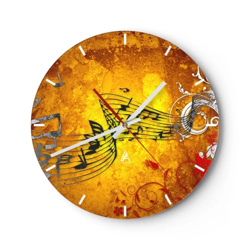 Wall clock - Clock on glass - Golden background with musical notes and decorative musical elements - 30x30cm - Let the Music Flow - Modern wall decoration for the living room, kitchen, and bedroom ARTTOR
