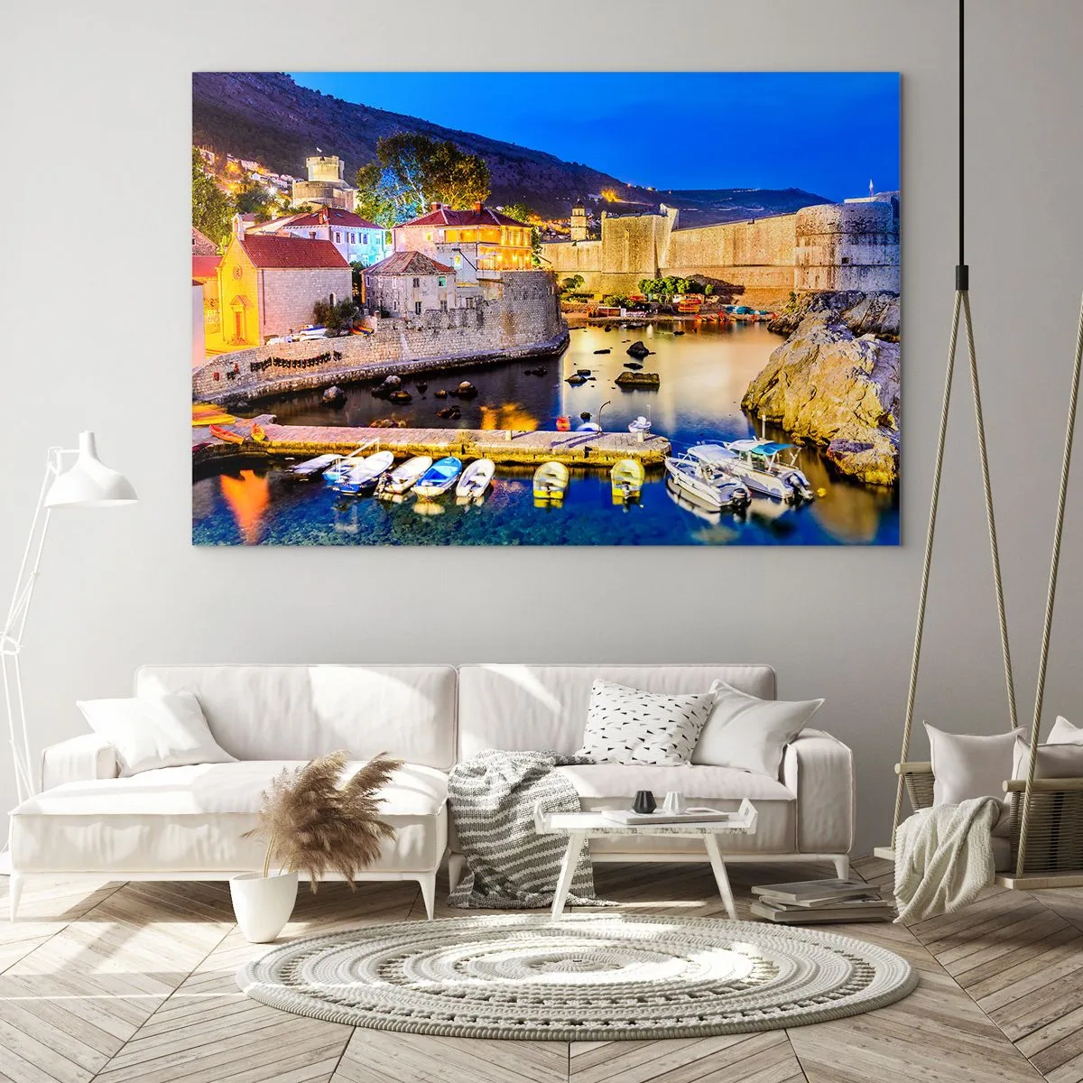 Glass picture - Evening panorama of Dubrovnik with boats and city walls - 70x50cm - Bright Night by the Adriatic Sea - Modern wall decoration for the living room and bedroom ARTTOR