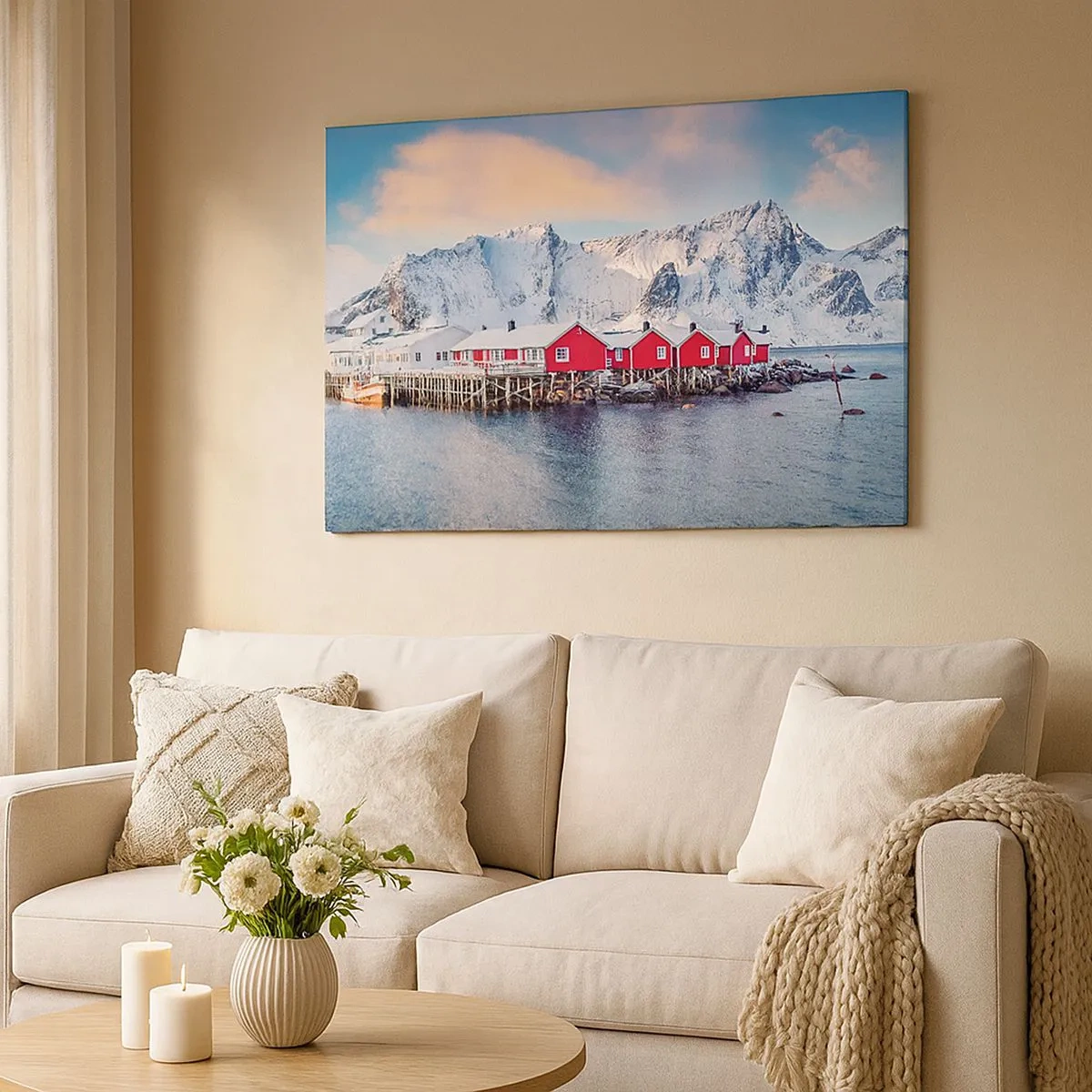 Canvas picture - Red houses against the background of snowy mountains and the blue sea - 70x50cm - Northern Retreat - Modern wall decoration for the living room and bedroom ARTTOR