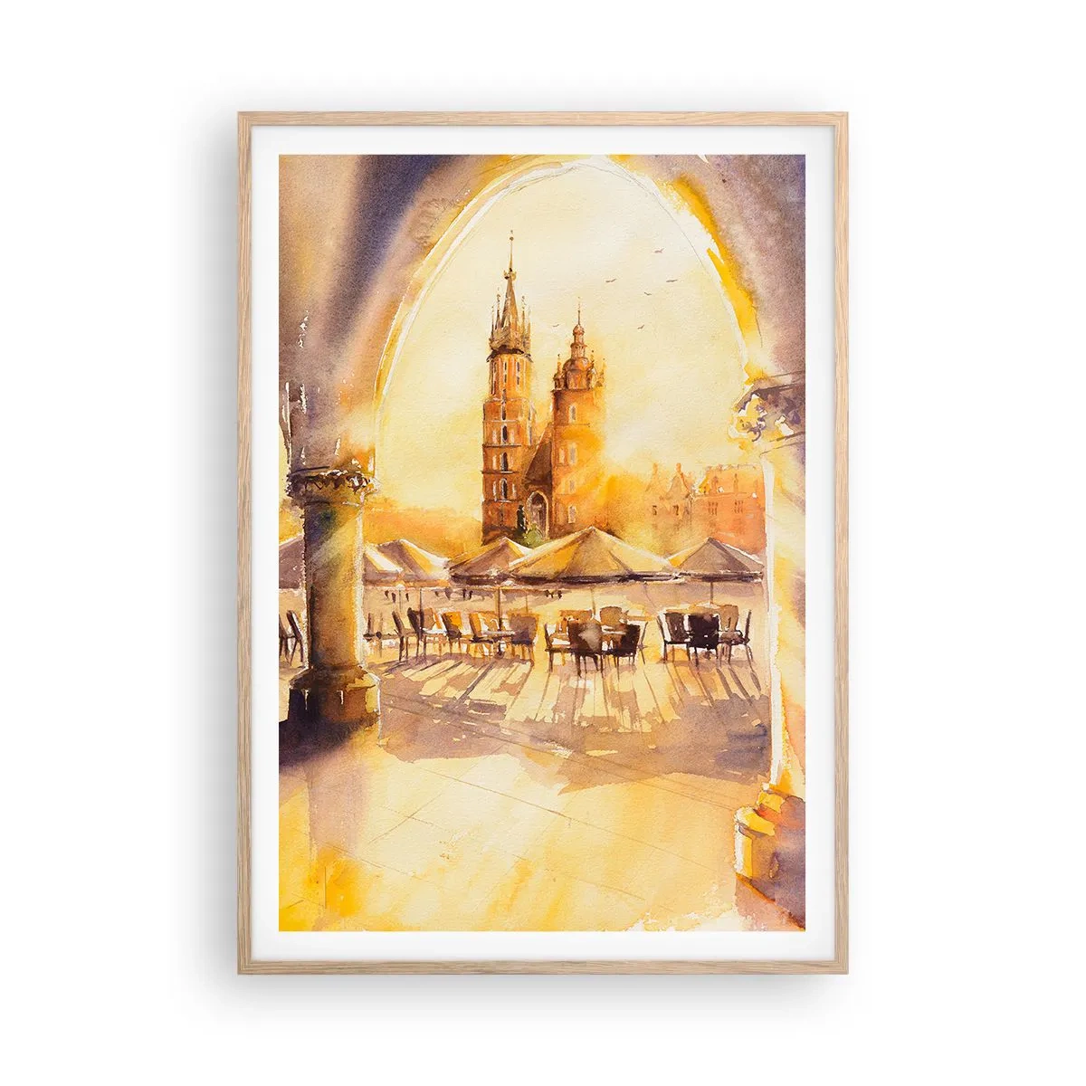 Poster in light oak frame - Sunrise over a Crocow Market - 70x100 cm