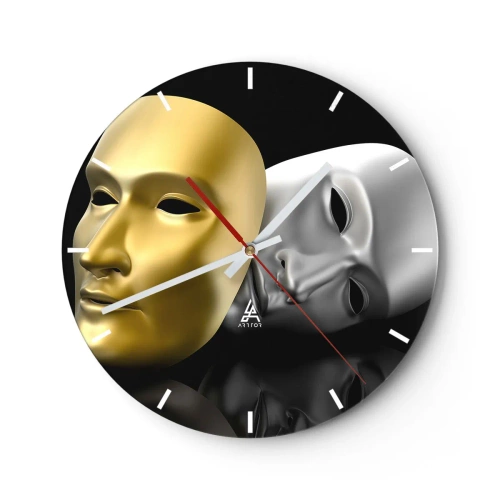 Wall clock - Clock on glass - Gold and silver theater mask on a black background - 30x30cm - Life Is a Theatre - Modern wall decoration for the living room, kitchen, and bedroom ARTTOR