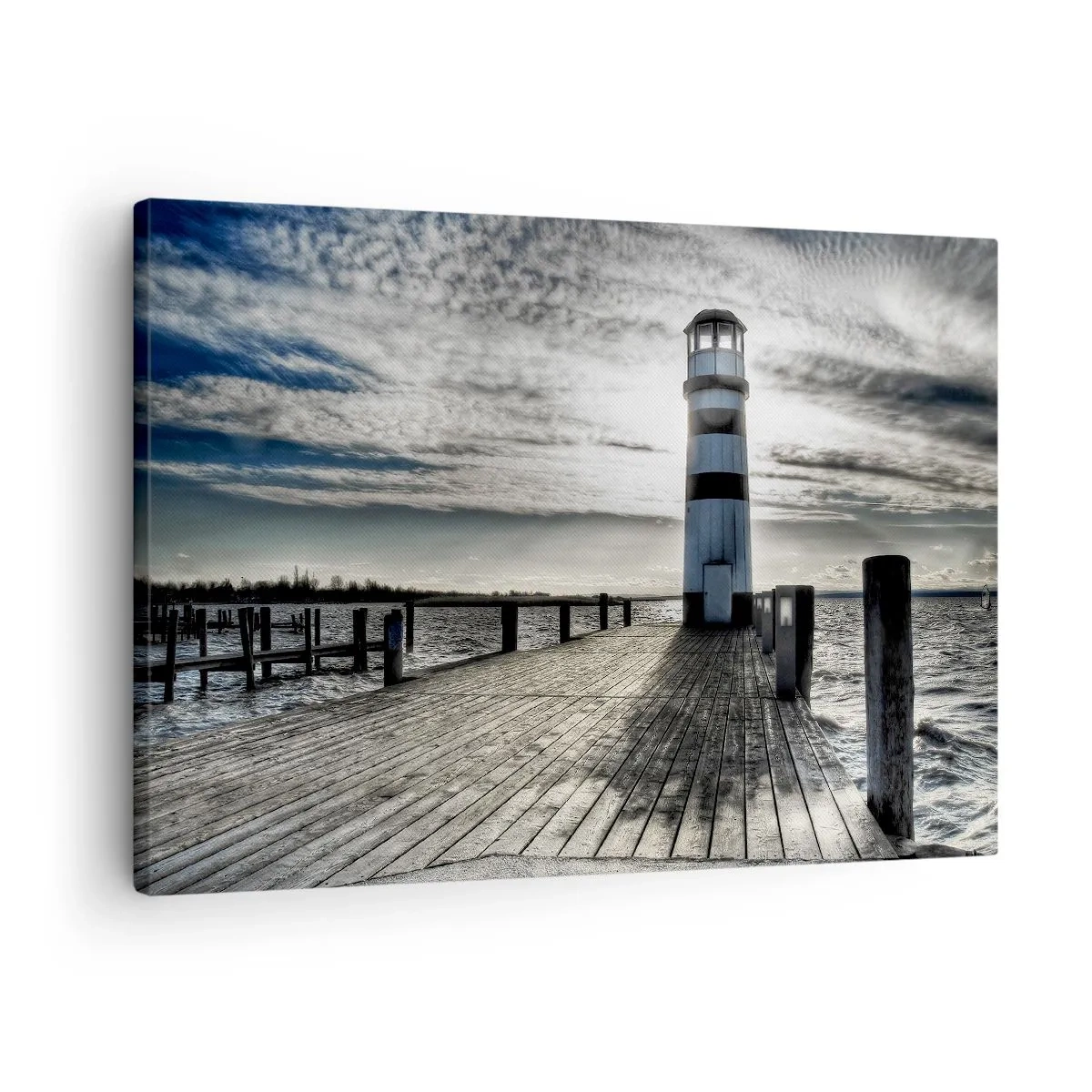 Canvas picture - Lighthouse on a wooden pier overlooking the sea. - 70x50cm - Sailors, I am Waiting for You - Modern wall decoration for the living room and bedroom ARTTOR