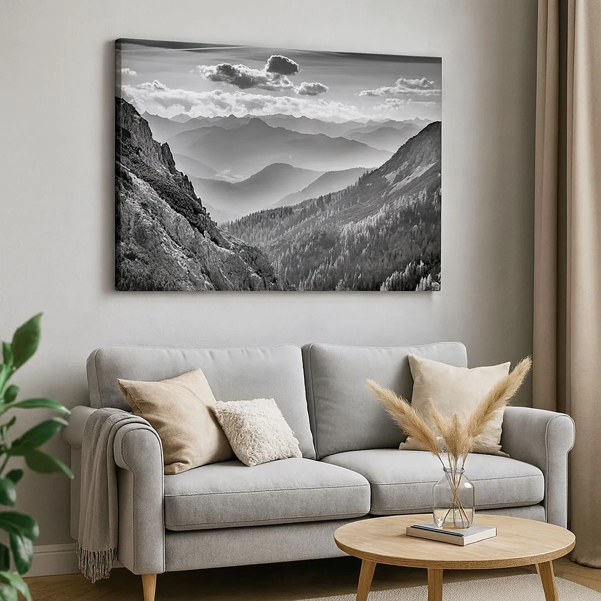 Canvas picture - Black and white mountain landscape with clouds over the peaks - 70x50cm - All the Way to the Horizon - Modern wall decoration for the living room and bedroom ARTTOR