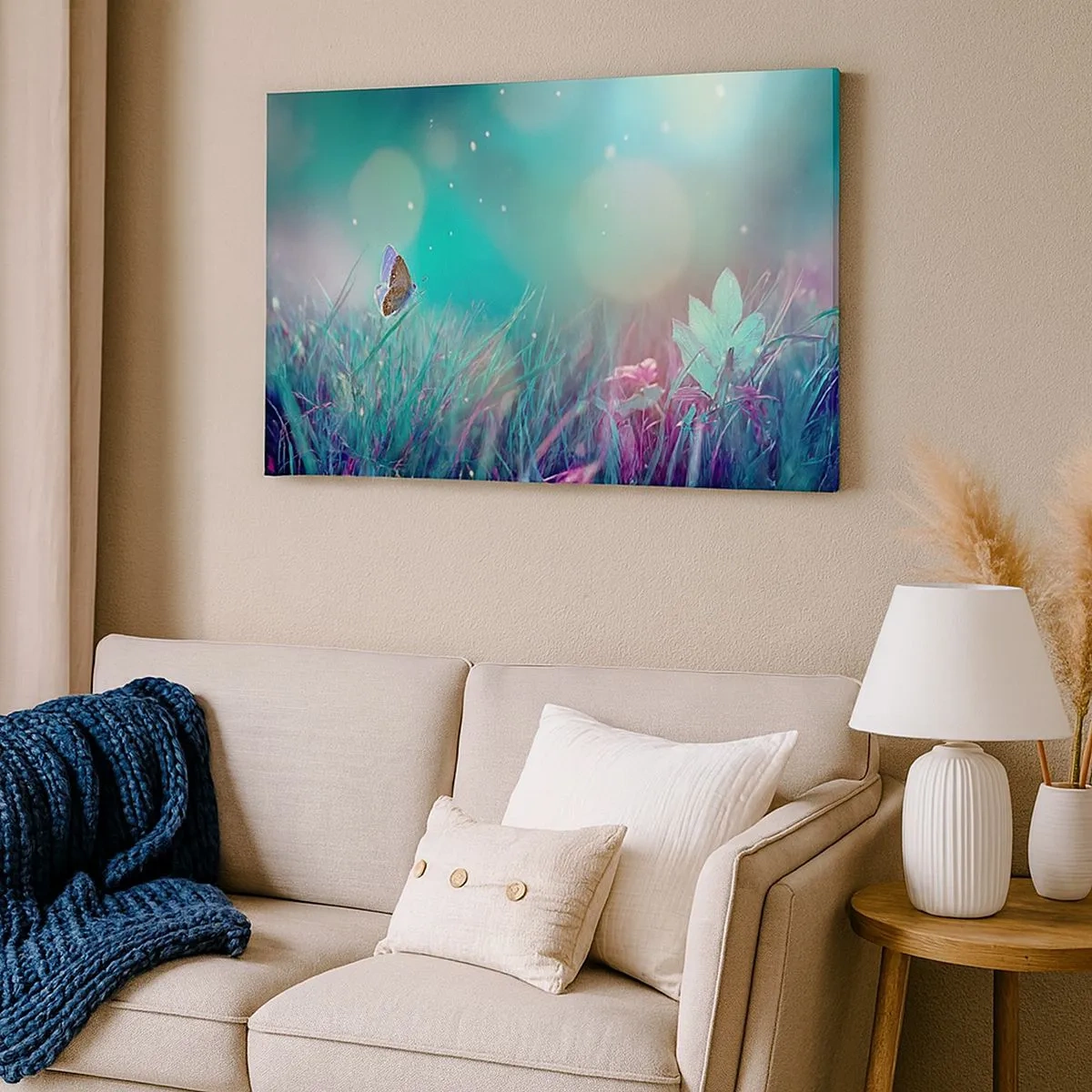Canvas picture - A butterfly on the grass in the light of blurred reflections - 70x50cm - Secret Life of a Meadow - Modern wall decoration for the living room and bedroom ARTTOR