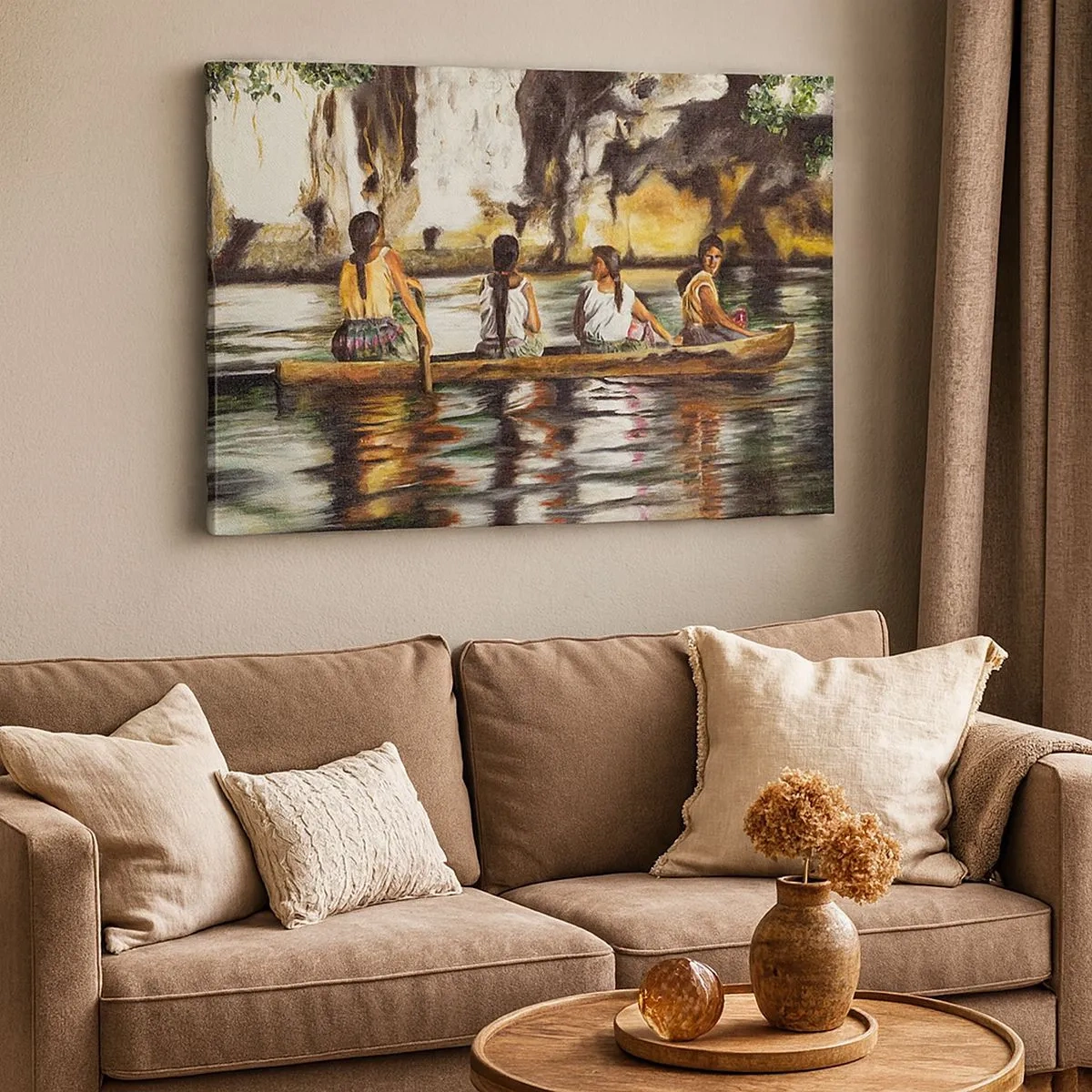 Canvas picture - Women in a boat on a calm river with a picturesque background - 70x50cm - Polinesian Paradise - Modern wall decoration for the living room and bedroom ARTTOR