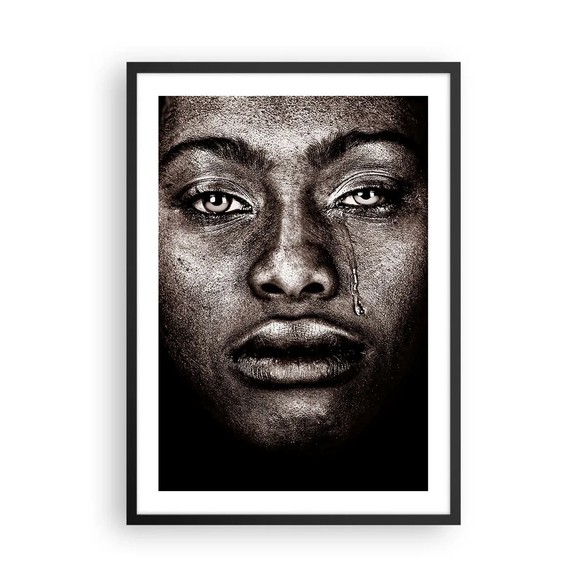 Poster in black frame - Portrait of a face with an expressive tear in a monochrome style - 50x70cm - One Tear - Modern wall decoration for the living room and bedroom ARTTOR