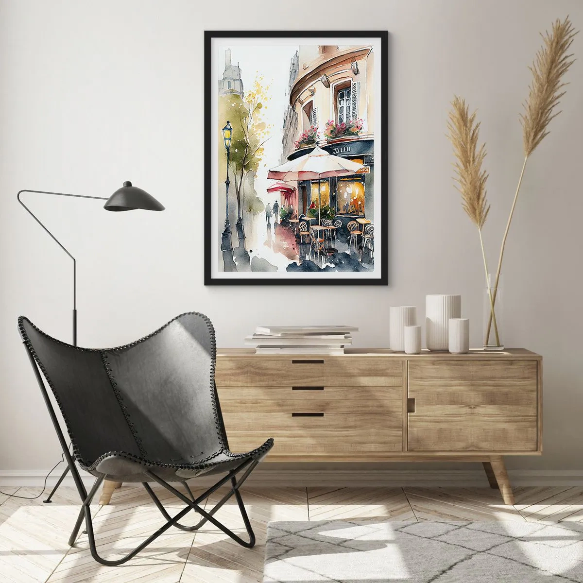 Poster in black frame - A cafe on a picturesque European-style street - 50x70cm - Morning in Paris - Modern wall decoration for the living room and bedroom ARTTOR