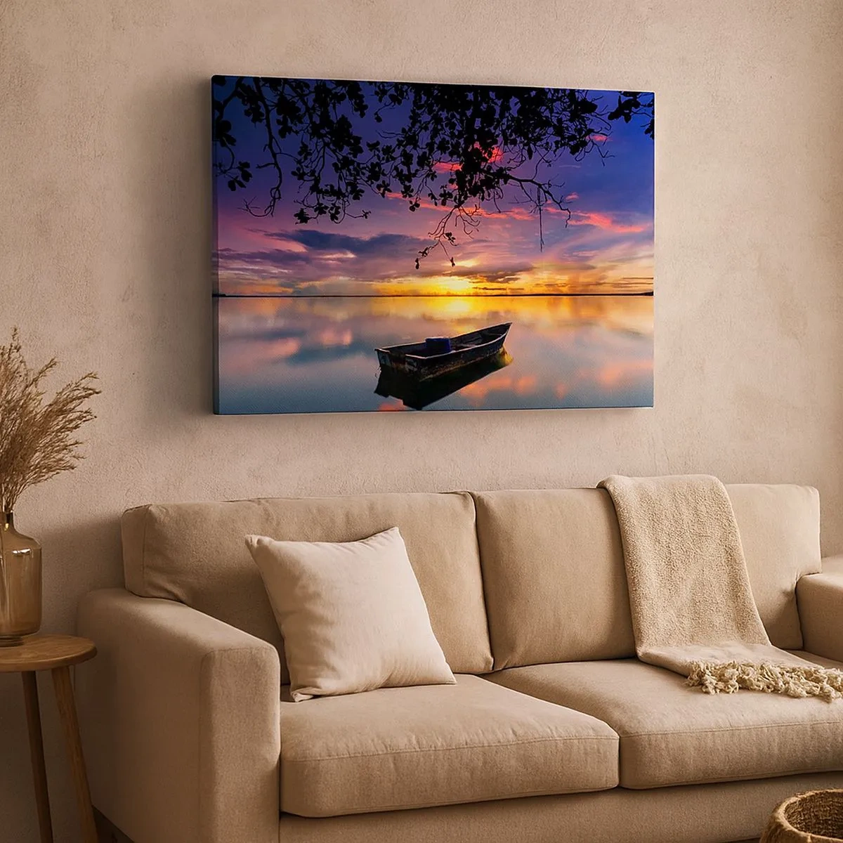 Canvas picture - A boat on calm water at sunset - 70x50cm - Serenity of the Lake - Modern wall decoration for the living room and bedroom ARTTOR