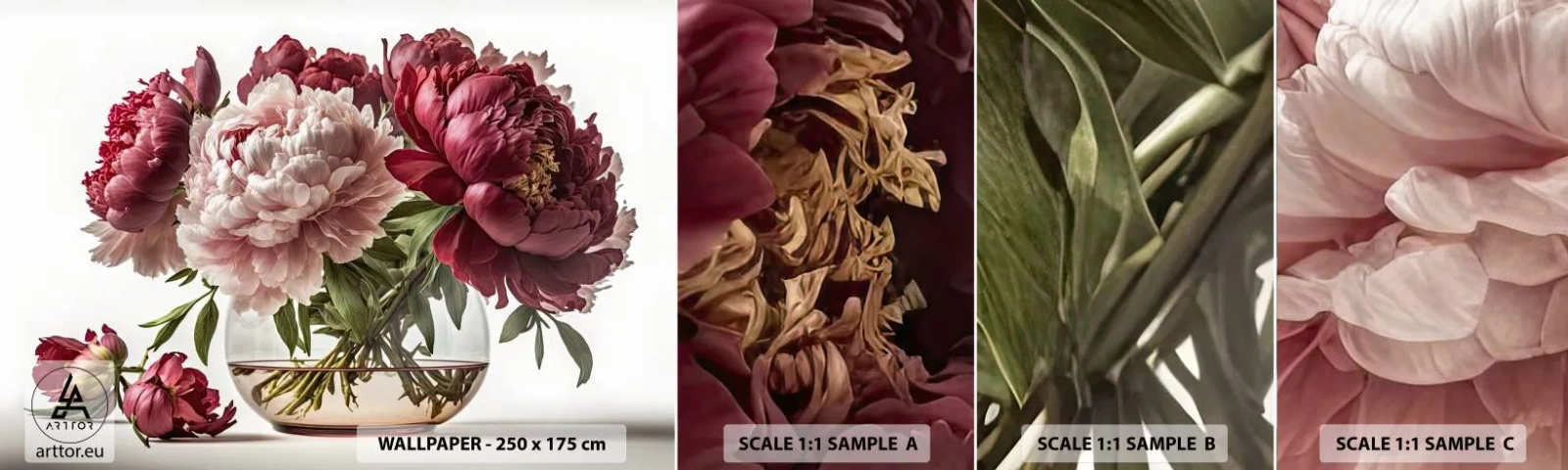 Photo Wallpaper Sample Self-Adhesive Deluxe Sticker - In Full Bloom of Beauty - Bouquet of flowers, Vase, Peonies - 100x30 cm