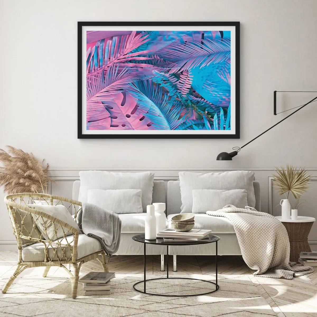 Poster in black frame - Tropics in Pink and Blue - 70x50 cm