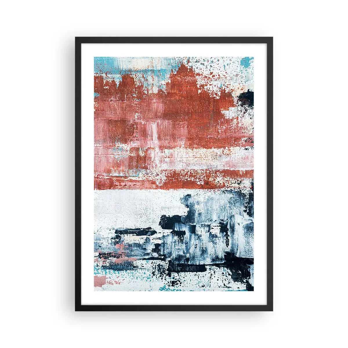 Poster in black frame - Abstract composition in shades of red, white and blue - 50x70cm - Abstract Fifty Fifty - Modern wall decoration for the living room and bedroom ARTTOR