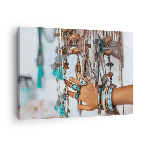 Canvas picture - A hand adorned with boho jewelry with decorations in the background - 70x50cm - Local Treasures - Modern wall decoration for the living room and bedroom ARTTOR