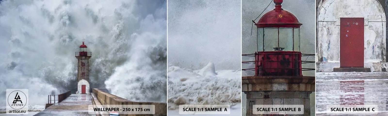 Photo Wallpaper Sample Standard Eco - Roar of Waters, Whirr of the Wind - Lighthouse, Landscape, Ocean - 100x30 cm