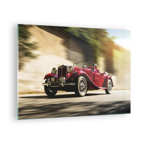 Glass picture - Classic red convertible in motion against the background of the street and blurry landscape - 70x50cm - More Beautiful than Nike of Samothrace - Modern wall decoration for the living room and bedroom ARTTOR