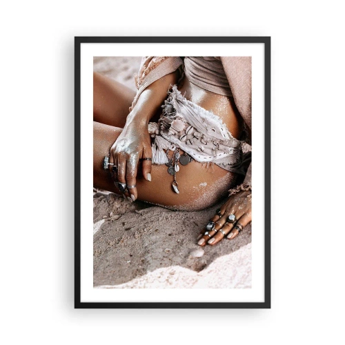 Poster in black frame - Boho style woman on a sandy beach with seashell decorations - 50x70cm - Thrown Out by the Waves - Modern wall decoration for the living room and bedroom ARTTOR