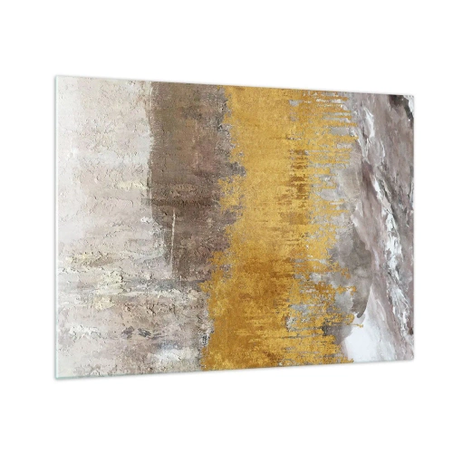 Glass picture - Golden and earthy structures create dynamic abstraction - 70x50cm - Golden Blast - Modern wall decoration for the living room and bedroom ARTTOR