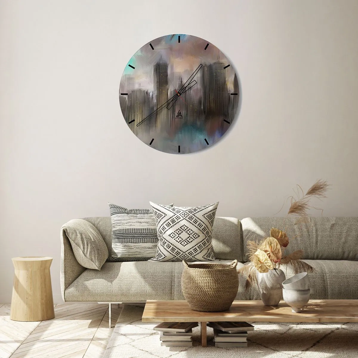 Wall clock - Clock on glass - An abstract image of a city with skyscrapers in a foggy setting. - 30x30cm - Composition of Steel, Stone and Fog - Modern wall decoration for the living room, kitchen, and bedroom ARTTOR
