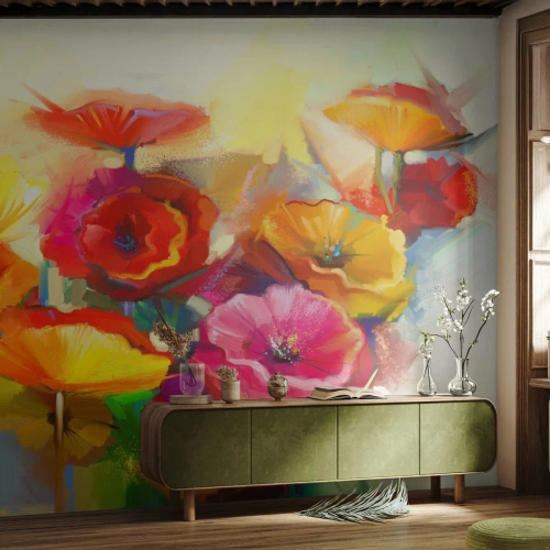 Photo Wallpaper Premium Canvas - Not Only Red - Flowers, Poppies, Garden - 300x210 cm
