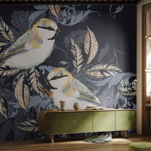 Photo Wallpaper Premium Canvas - Blue and Yellow Chirp - Abstraction, Birds, Leaves - 350x256 cm