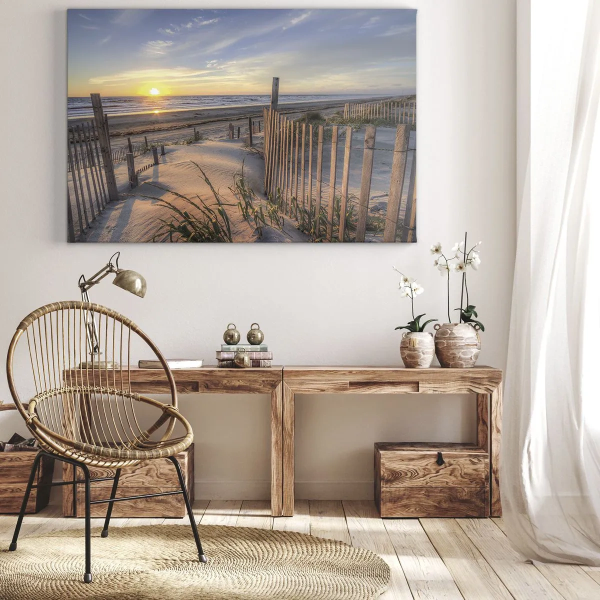Canvas picture - Sunset beach with wooden fence - 70x50cm - Light and Shade of the Wind - Modern wall decoration for the living room and bedroom ARTTOR