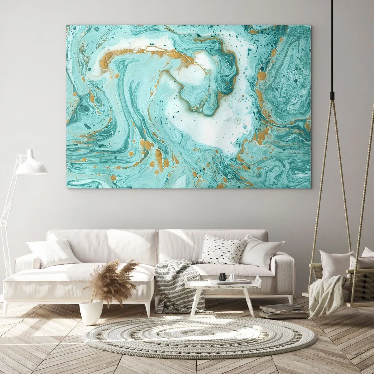 Glass picture - Turquoise and gold marble-style pattern - 70x50cm - Under the Great Wave of the Edo Period - Modern wall decoration for the living room and bedroom ARTTOR