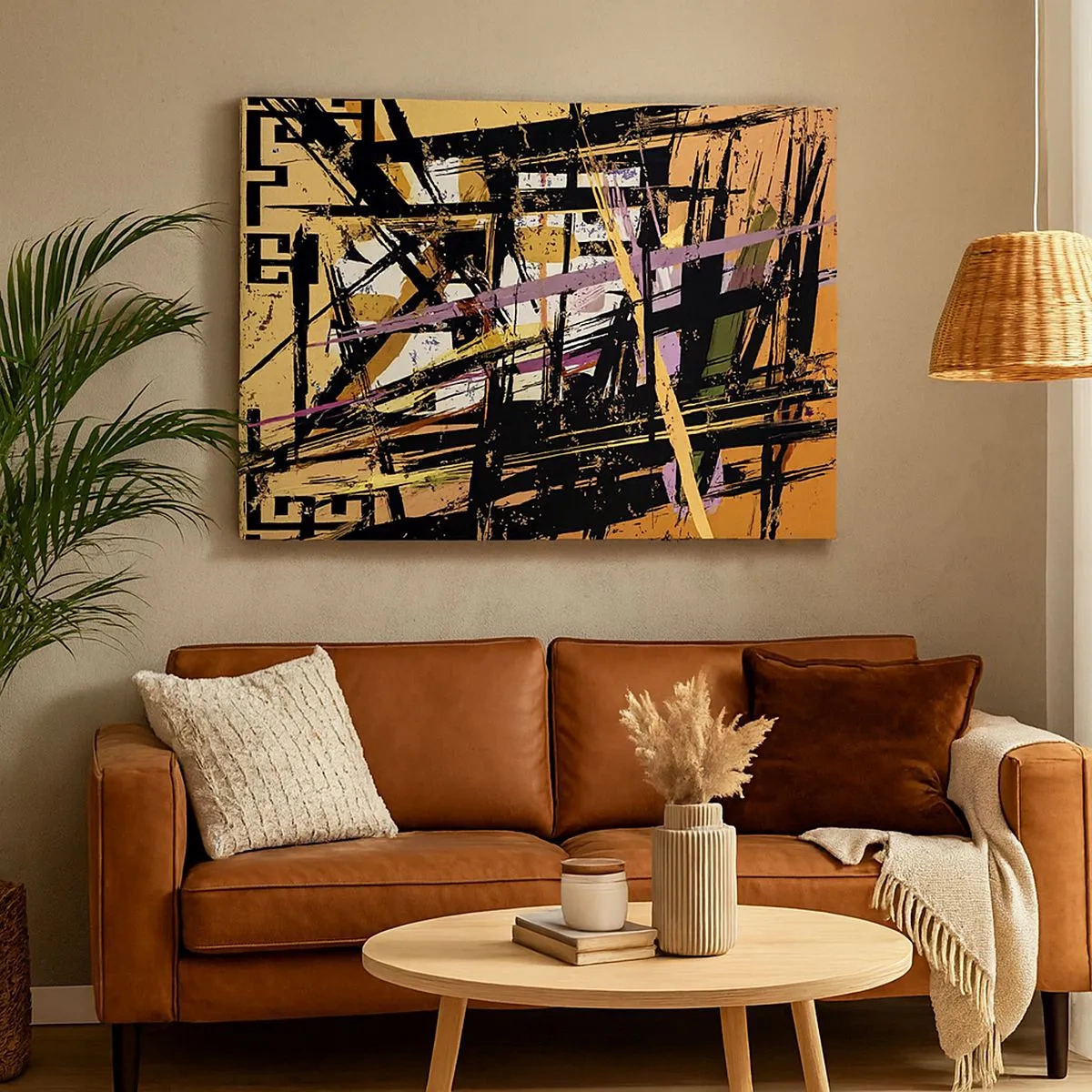 Canvas picture - Abstract lines and shapes on a beige background - 70x50cm - Sharp Cuts - Modern wall decoration for the living room and bedroom ARTTOR