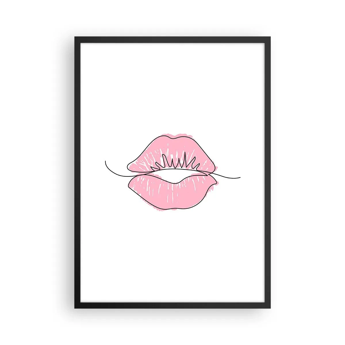 Poster in black frame - Minimalist illustration of pink lips on a white background - 50x70cm - Ready for a Kiss? - Modern wall decoration for the living room and bedroom ARTTOR