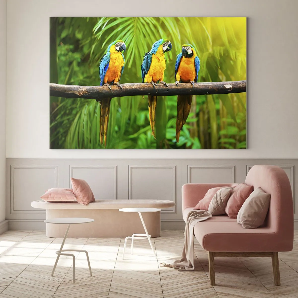 Glass picture - Three macaw parrots on a branch in a tropical forest - 70x50cm - Did You Hear that She…? - Modern wall decoration for the living room and bedroom ARTTOR