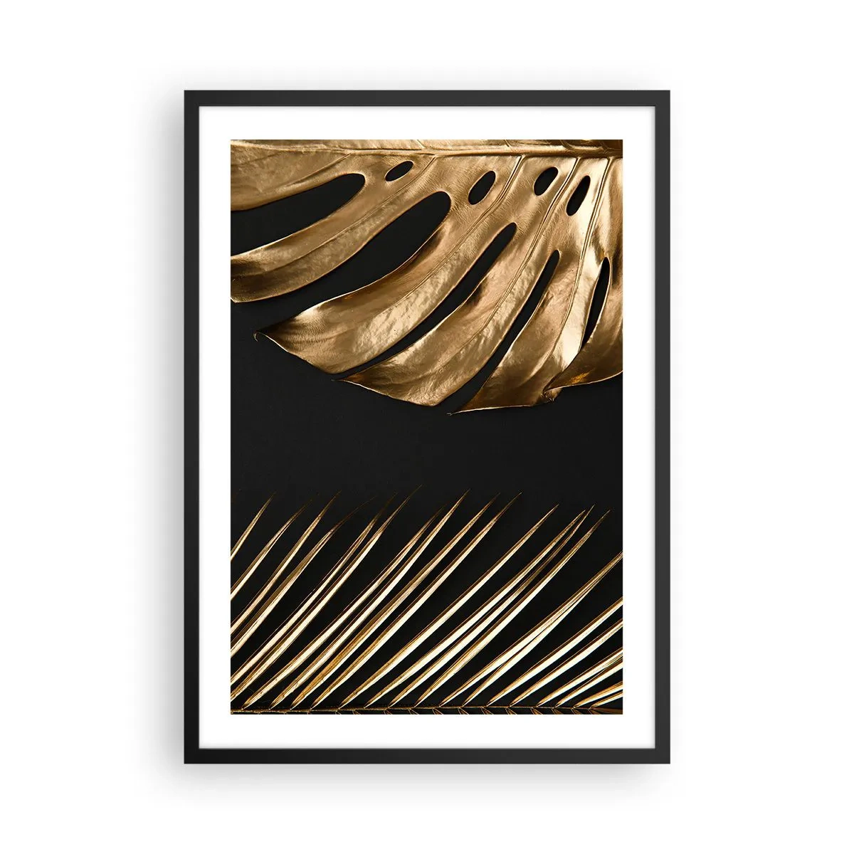 Poster in black frame - Gold leaves on a black background in an elegant style - 50x70cm - Different but Equally Exepnsive - Modern wall decoration for the living room and bedroom ARTTOR