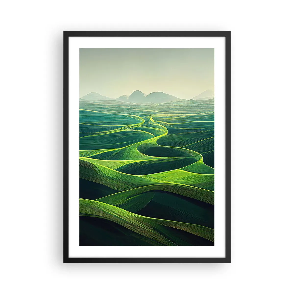 Poster in black frame - Green rolling fields with a view of the mountains - 50x70cm - In Green Valleys - Modern wall decoration for the living room and bedroom ARTTOR