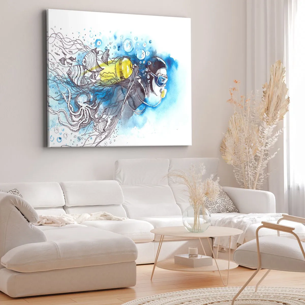 Canvas picture - Underwater scene with a diver and exotic fish - 70x50cm - Big Blue - Modern wall decoration for the living room and bedroom ARTTOR