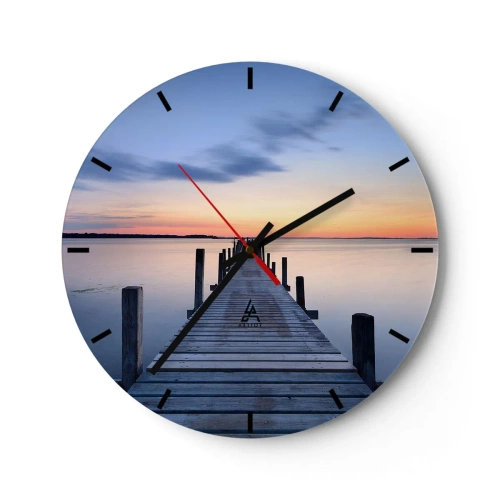 Wall clock - Clock on glass - A wooden jetty at sunset over a calm lake - 30x30cm - Calm of a Quiet Dusk - Modern wall decoration for the living room, kitchen, and bedroom ARTTOR