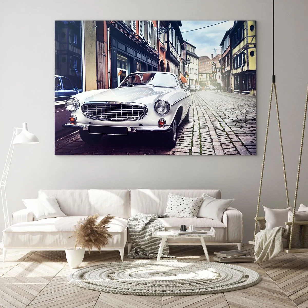 Glass picture - A white classic car against a backdrop of historic buildings - 70x50cm - The Past Is Today - Modern wall decoration for the living room and bedroom ARTTOR