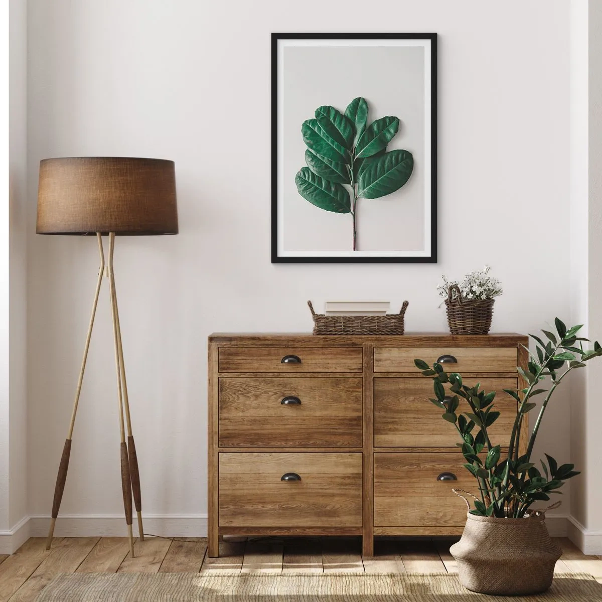 Poster in black frame - A branch with dark green leaves on a light background - 50x70cm - Drawing of Nature Itself - Modern wall decoration for the living room and bedroom ARTTOR