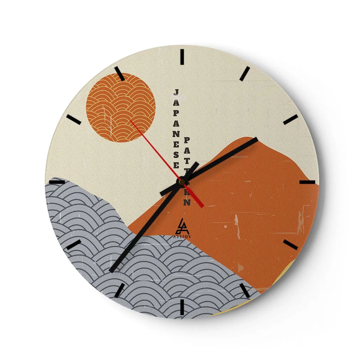 Wall clock - Clock on glass - Graphic Japanese patterns with mountains, sun, and waves - 30x30cm - In the Japanese Spirit - Modern wall decoration for the living room, kitchen, and bedroom ARTTOR