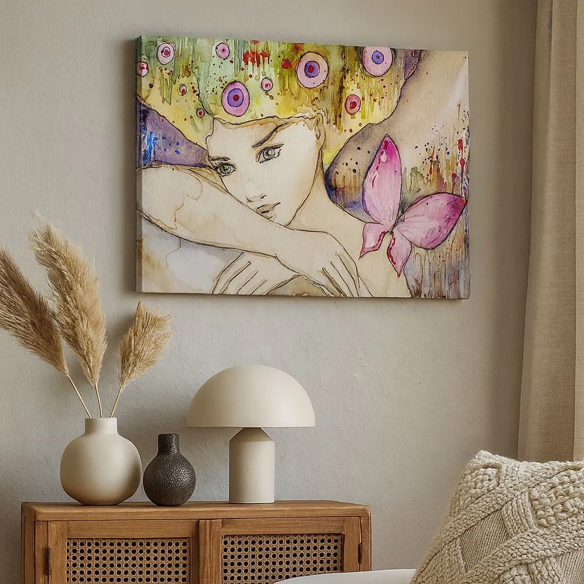 Canvas picture - A woman with an abstract hairstyle and a pink butterfly - 70x50cm - Butterfly Princess - Modern wall decoration for the living room and bedroom ARTTOR