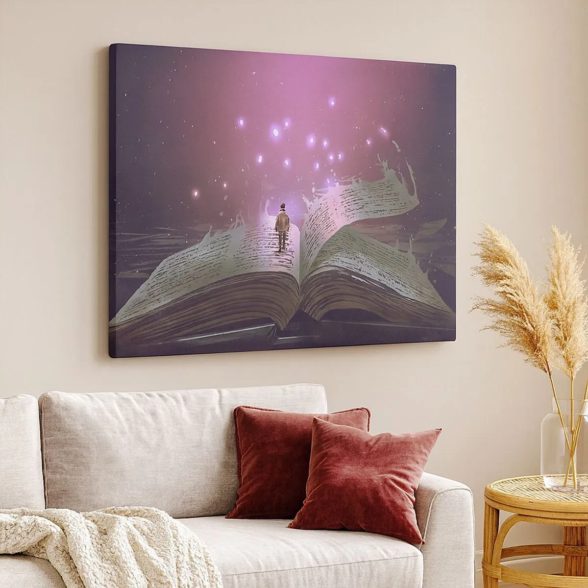 Canvas picture - figure steps onto an open book in a magical light. - 70x50cm - Invitation to Another World -Read It! - Modern wall decoration for the living room and bedroom ARTTOR