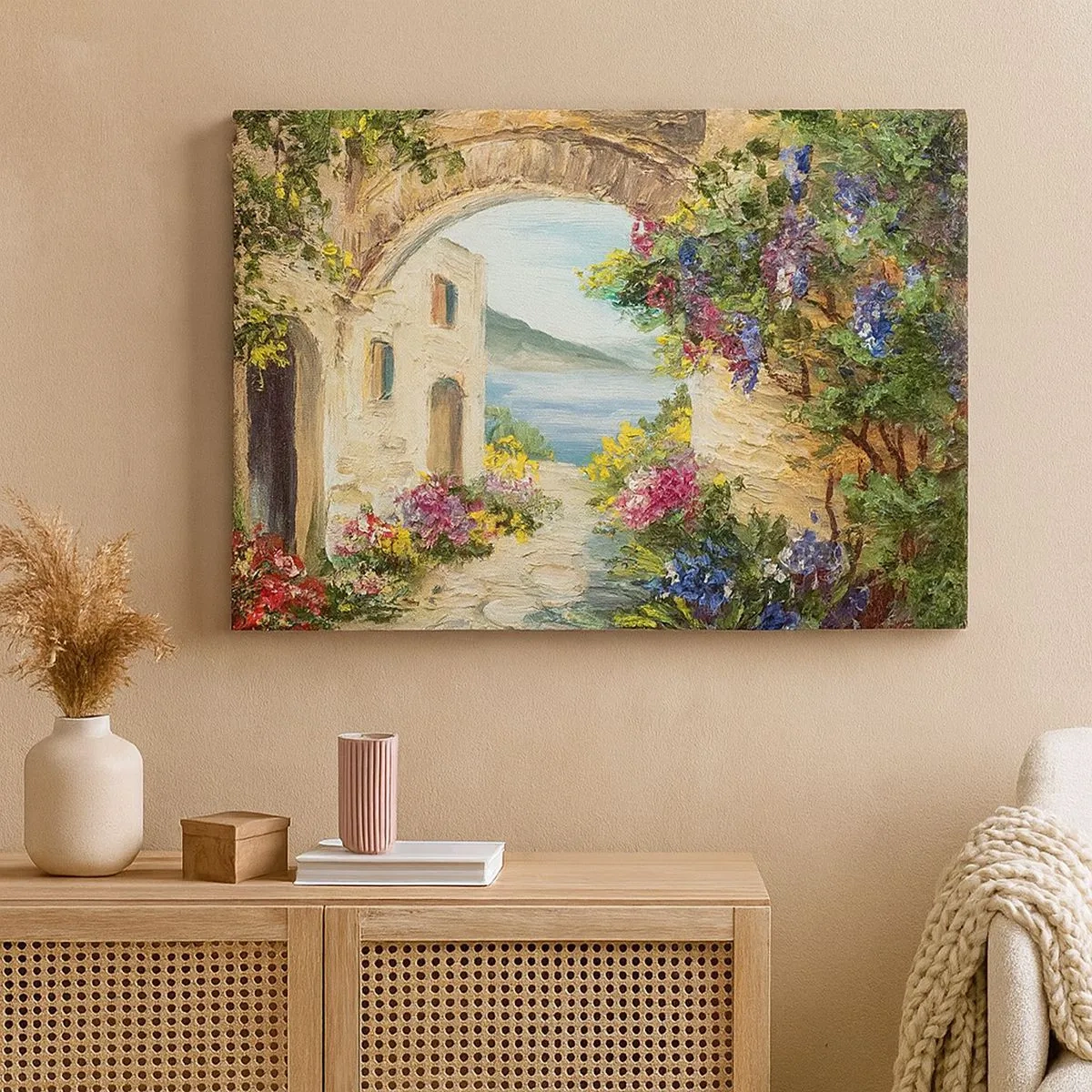 Canvas picture - Seaside landscape with stone buildings and flowers - 70x50cm - Charm of a Sea Province - Modern wall decoration for the living room and bedroom ARTTOR