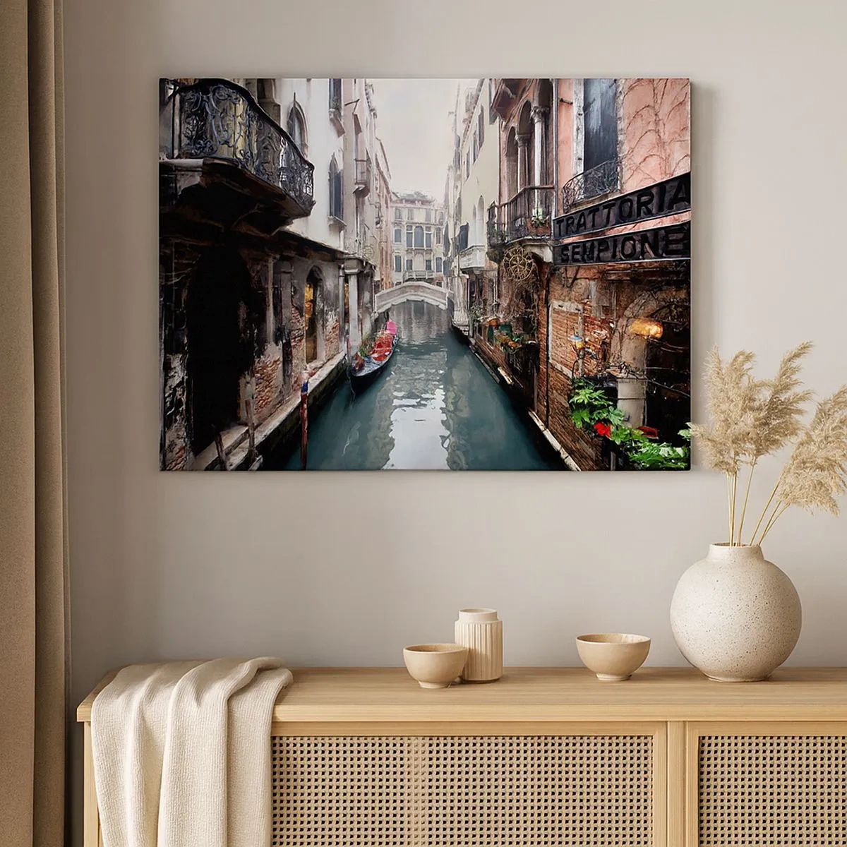 Canvas picture - canal in Venice with a gondola and historic buildings - 70x50cm - Venetian View with a Gondola and a Bridge - Modern wall decoration for the living room and bedroom ARTTOR