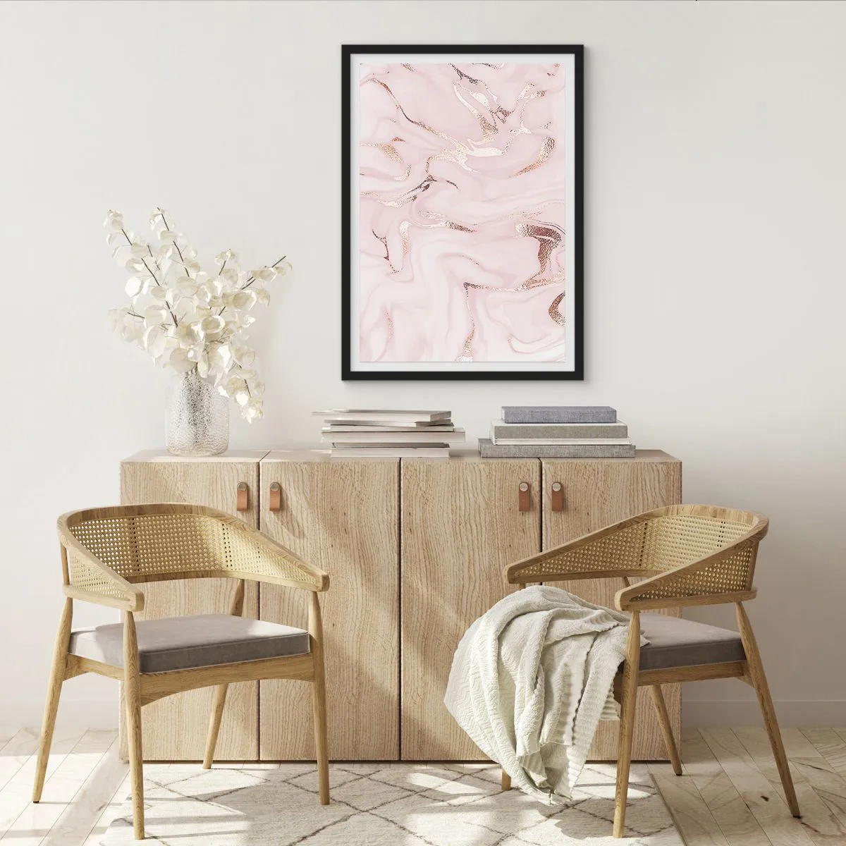 Poster in black frame - Elegant marble pattern in shades of pink with gold accents - 50x70cm - In Pink - Modern wall decoration for the living room and bedroom ARTTOR
