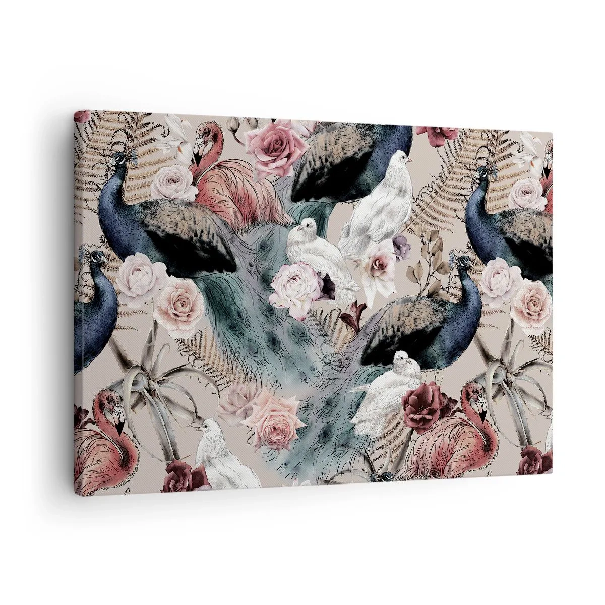 Canvas picture - landscape with peacock feathers, roses, and birds in a romantic style. - 70x50cm - In Palace Garden - Modern wall decoration for the living room and bedroom ARTTOR