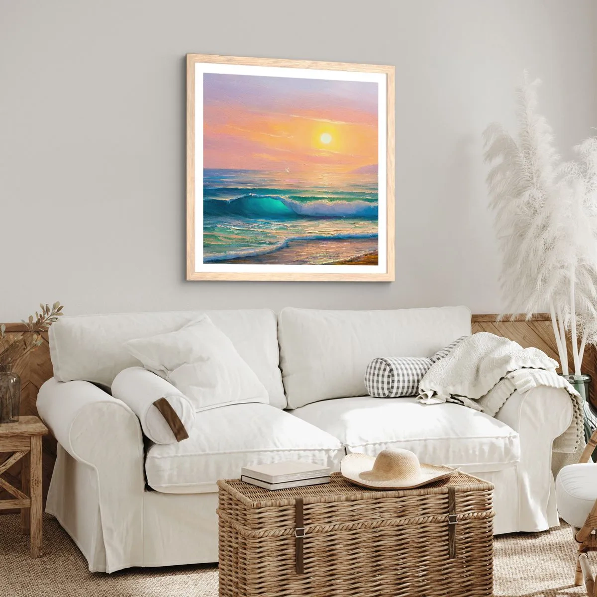 Poster in light oak frame - Turquoise Song of the Waves - 60x60 cm