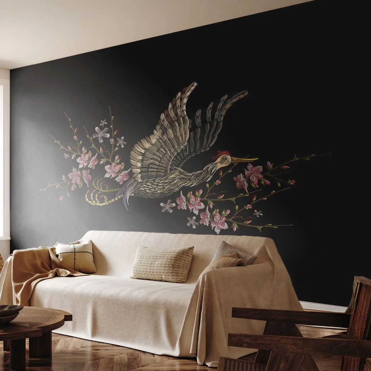 Photo Wallpaper Standard Eco - Exotic, Embroidered Bird - Bird, Graphics, Flowers - 200x140 cm