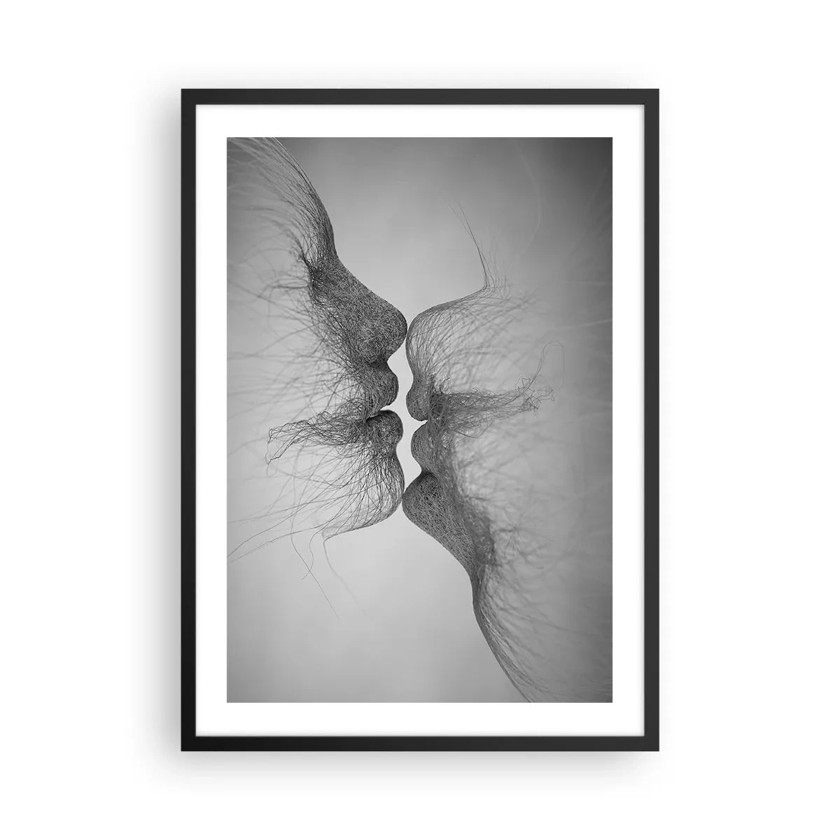 Poster in black frame - Abstract faces in the act of kissing, black and white - 50x70cm - Kiss of the Wind - Modern wall decoration for the living room and bedroom ARTTOR