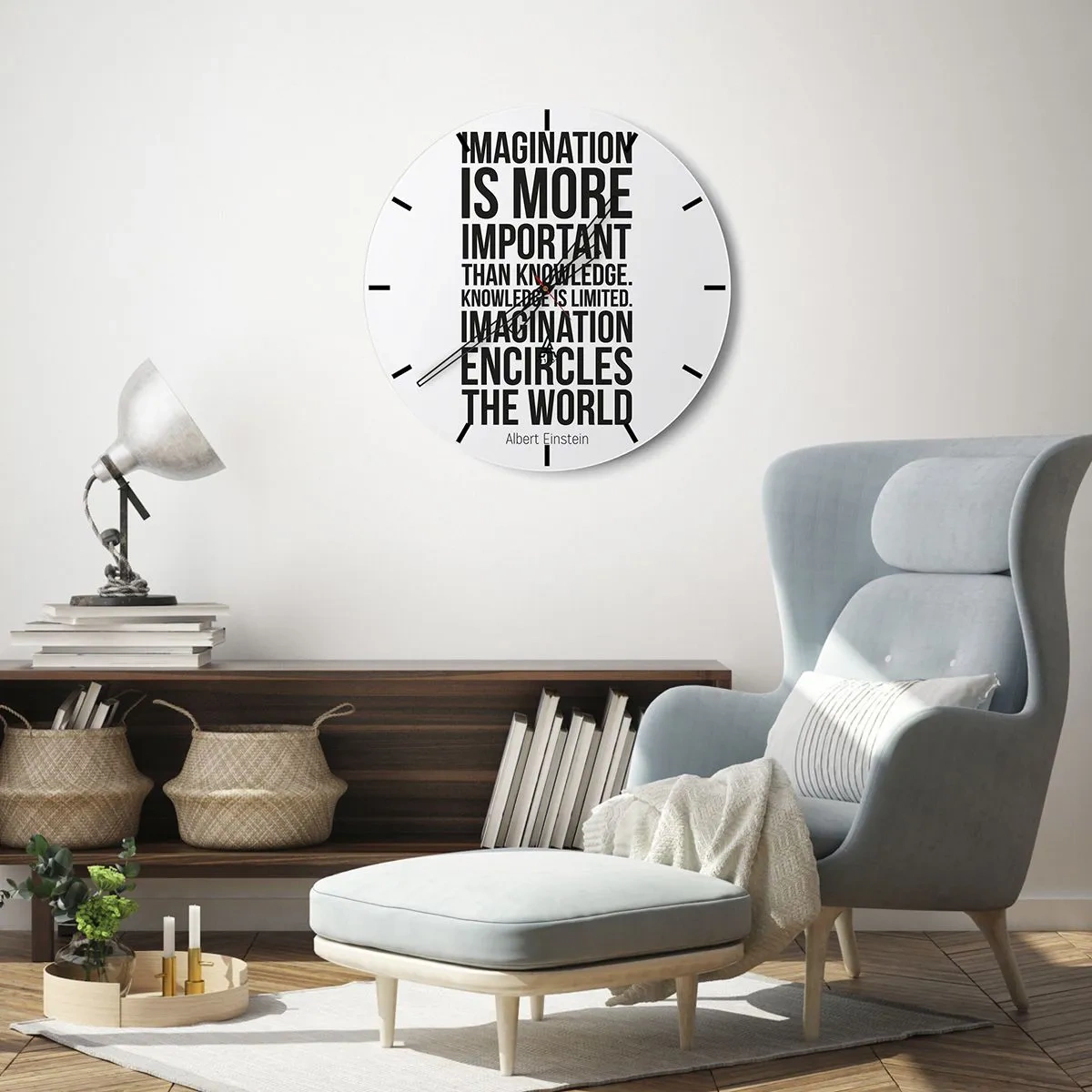 Wall clock - Clock on glass - Einstein about Power of Imagination - 40x40 cm