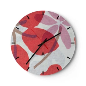Wall clock - Clock on glass - Pink and red leaves on a white background with a linen texture - 30x30cm - Flower Composition in Pink - Modern wall decoration for the living room, kitchen, and bedroom ARTTOR