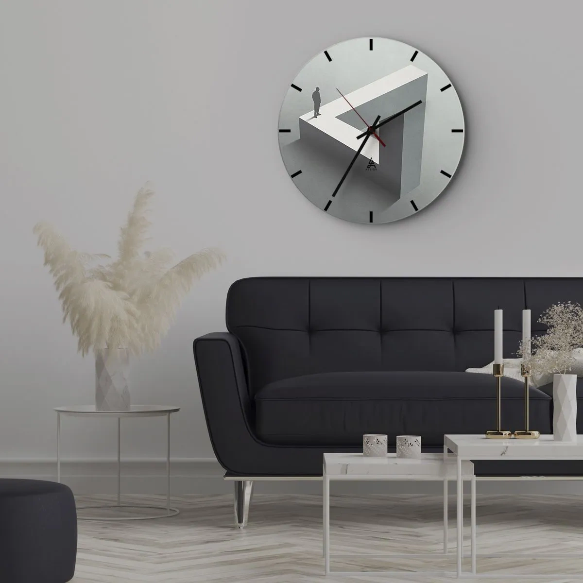 Wall clock - Clock on glass - A man standing on top of an impossible geometric figure. - 30x30cm - And Yet It Is Possible - Modern wall decoration for the living room, kitchen, and bedroom ARTTOR