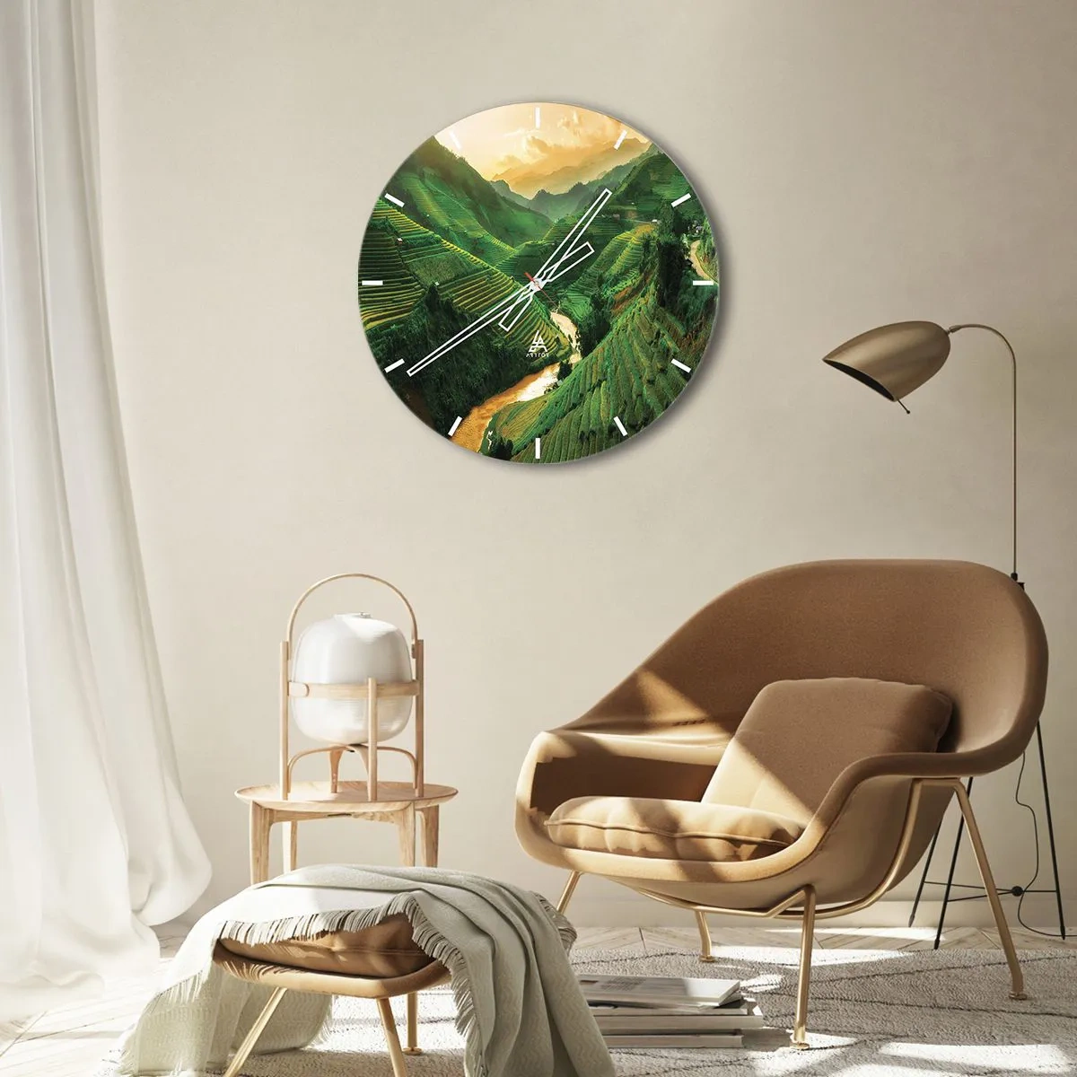 Wall clock - Clock on glass - Rice terraces among the mountains at sunset - 30x30cm - Vietnamese Valley - Modern wall decoration for the living room, kitchen, and bedroom ARTTOR