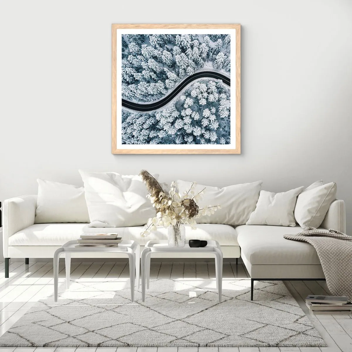 Poster in light oak frame - Through Wintery Forest - 60x60 cm
